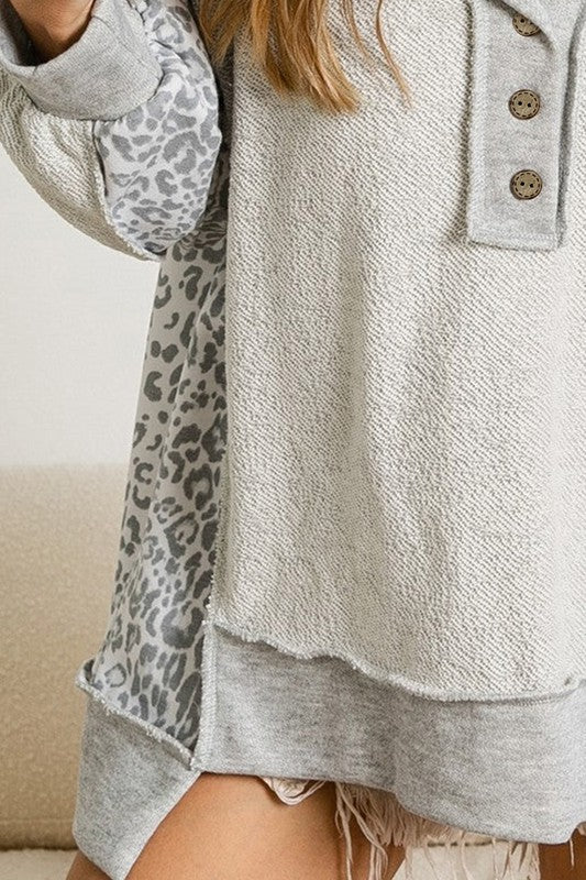 Leopard henry terry sweatshirt heather grey