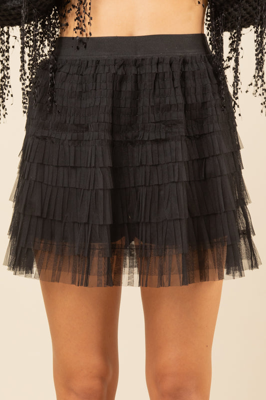 Black Pleated Tulle Mesh Tiered Holiday Party Mini Skirt